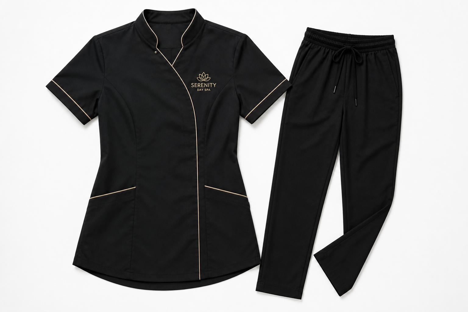 Prompt 22 — Custom branded tunic for beauty therapists and spa staff, ghost mannequin product shot, embroidered salon logo on chest, clean white studio background