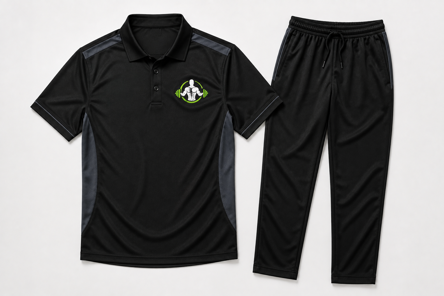 Prompt 15 — Custom branded performance polo shirt for gym staff and personal trainers, ghost mannequin product shot, embroidered gym logo on chest, clean white studio background